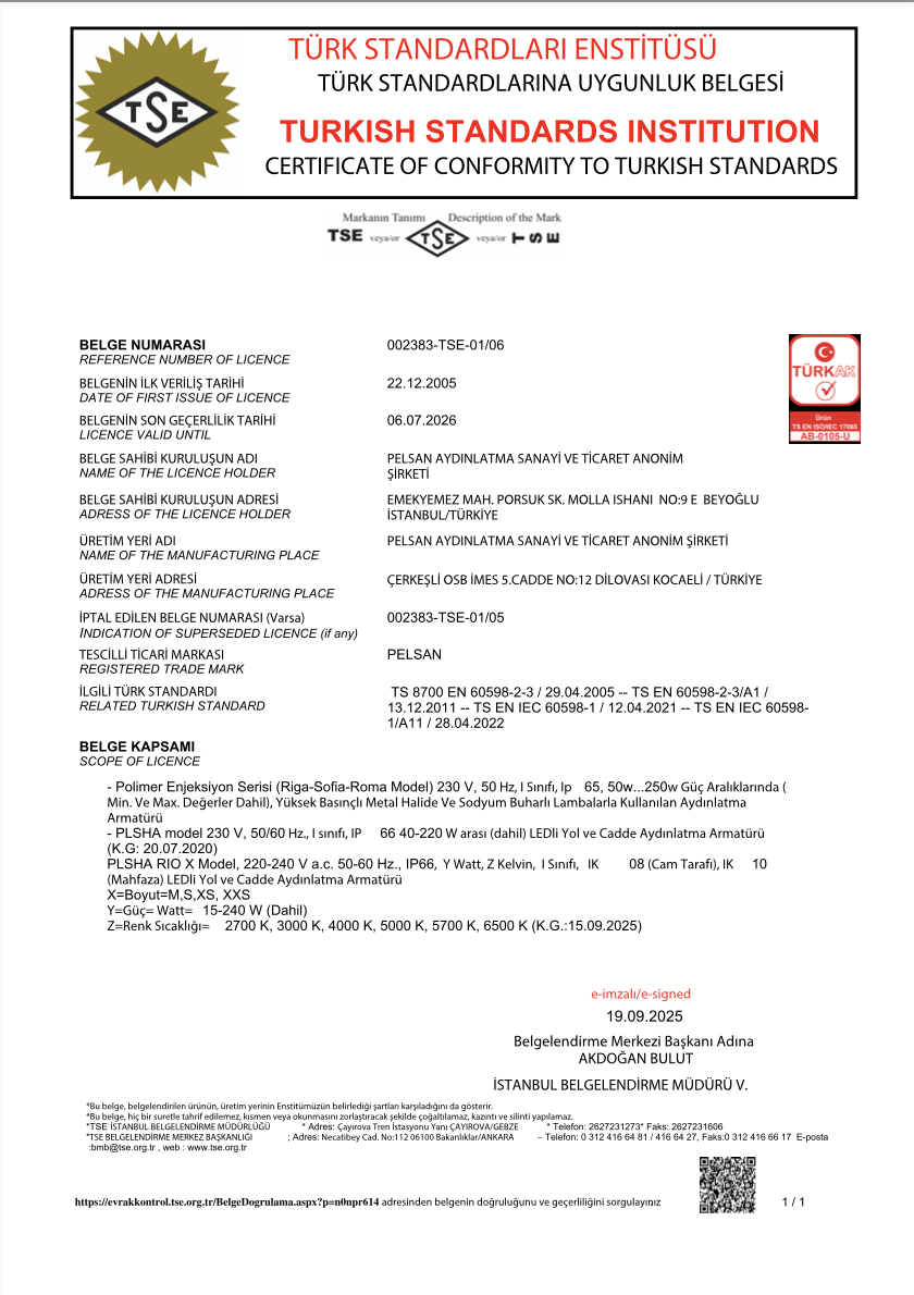 TSE - Yol ve Cadde Armatürleri